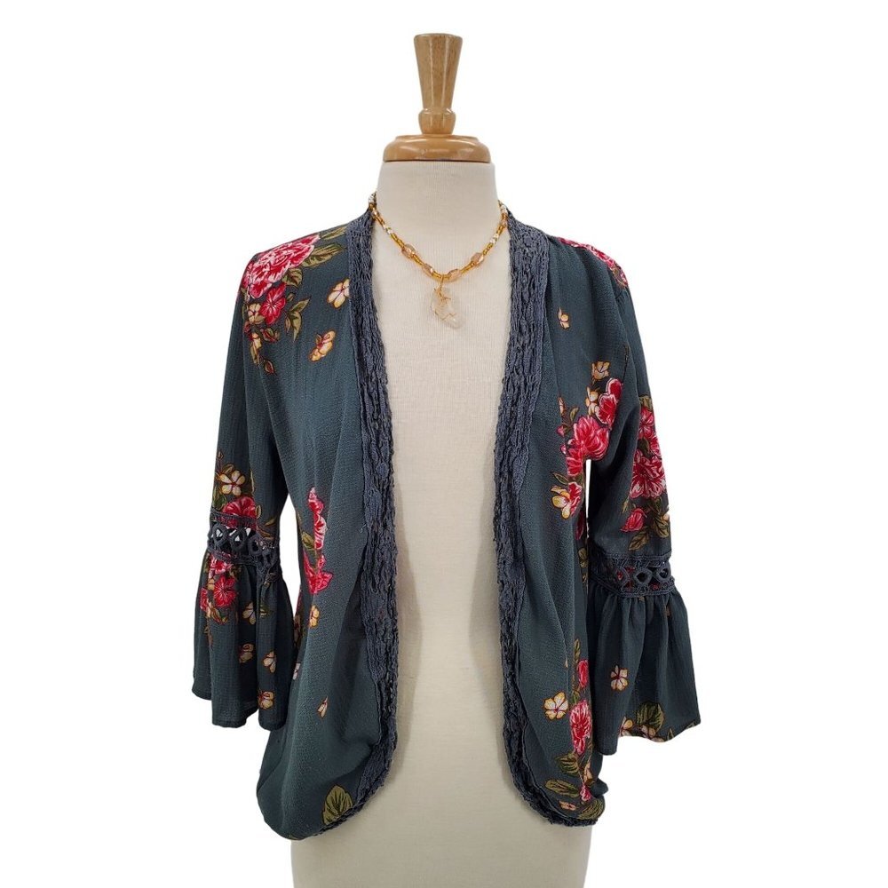 Miss Chievous Womens Rose Floral Open Front Blouse Size L Gray Bell Sleeve Boho